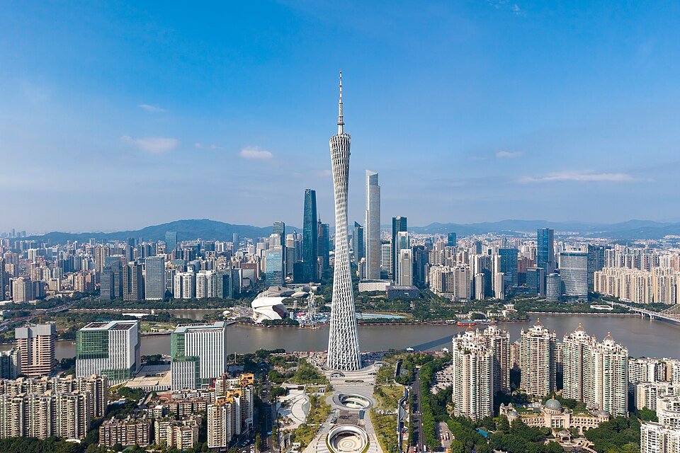 Guangzhou skyline and Canton Tower seen across the Pearl River